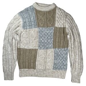 Thane Patchwork Cable Knit Sweater Mens Large Beige Gray Vintage Crew Neck